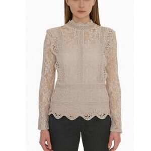 NEW Adiva Lace Tank Top Blouse Set Long Sleeves blush beige SZ SM crochet-flawed